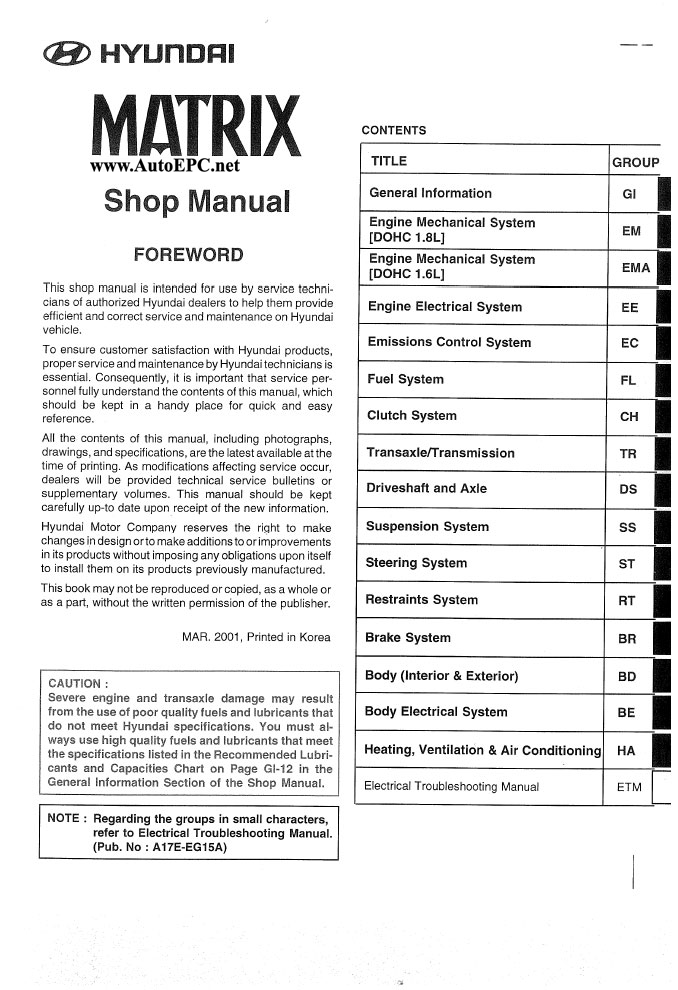 Workshop Repair Manual For Hyundai Matrix